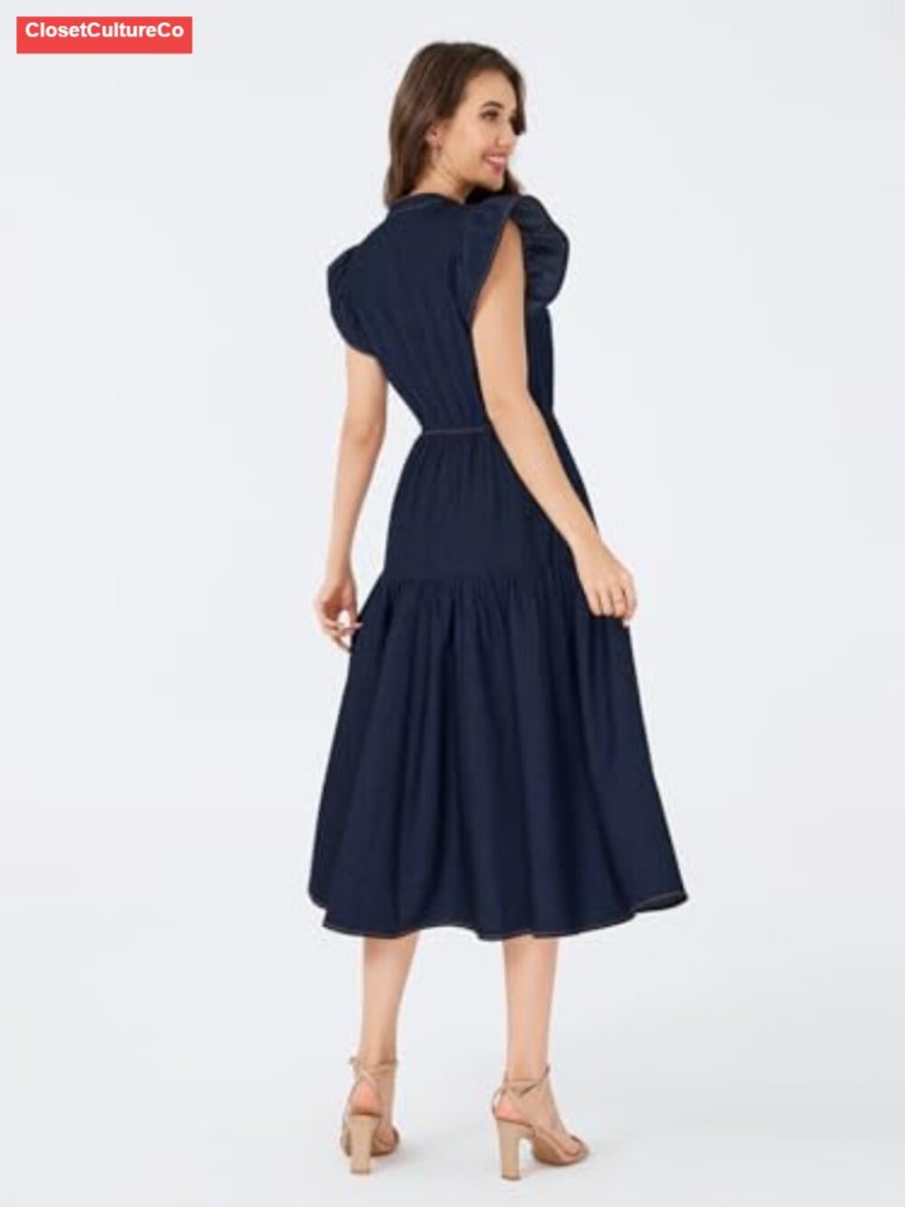 Womens Summer Denim Chambray Maxi Dress Ruffle Sleeve V Neck Tiered Flowy - Picture 4 of 5